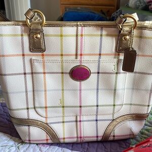 Coach White Plaid Tote with Gold Trim and Multicolor Stripes
